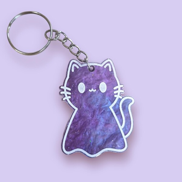 Acrylic Cat Ghost Keychain | Galaxy, Pearlescent, Purple