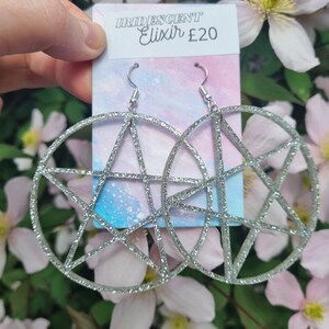 Silver Glittery Large Pentagram Earrings Acrylic Witchy Jewellery