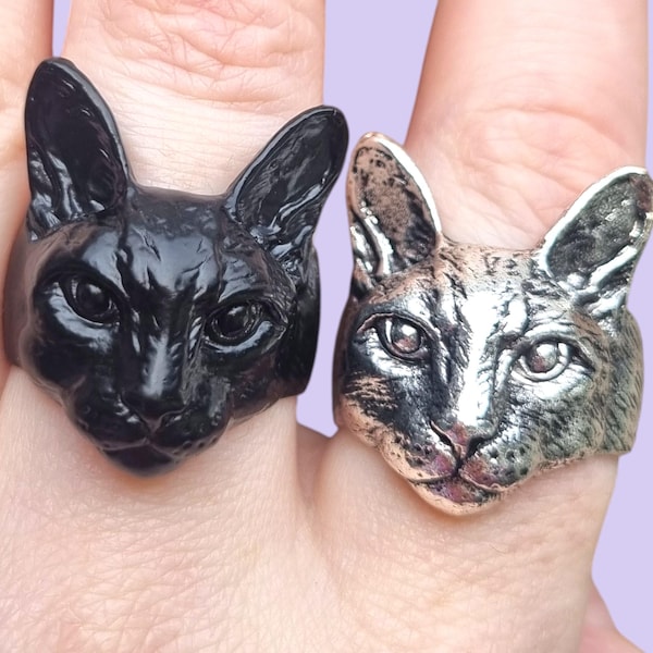 Large 3D Cat Head Ring – Adjustable Statement Ring for Witchy Cat Lovers – Silver or Black Zinc Alloy / Brass