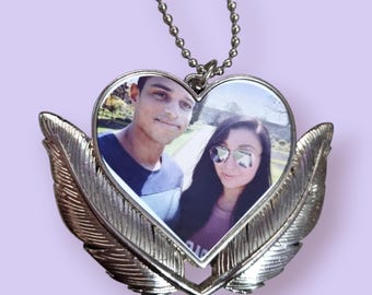 Custom Metal Heart with Feathers Hanging Ornament – Personalized Photo Keepsake