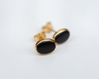 ellipse earrings| stud  earrings| 14K plated gold earrings| geometric earrings| earrings with onyx