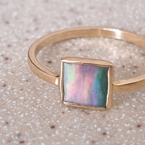 Unique 14k Gold Ring| Square Ring| Geometric Ring| Mother of Pearl Ring| Hand made Jewelry