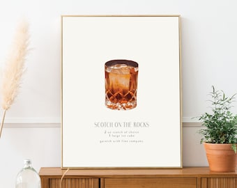 Scotch On The Rocks Print, Modern Cocktail Recipe Art (Digital Download)