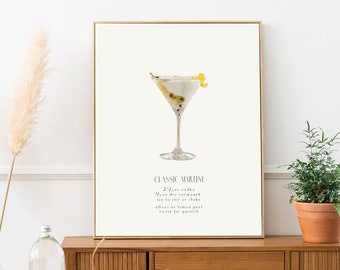 Impresión artística de receta de Martini, ilustración de cóctel clásico (descarga digital)