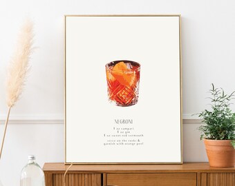 Impression d'art de recette de cocktail Negroni, décoration de chariot de bar moderne (téléchargement numérique)