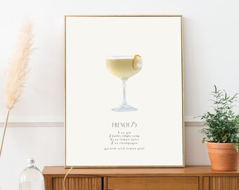 Impresión artística de la receta del cóctel French 75, decoración para carrito de bar (descarga digital)