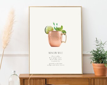 Moscow Mule Trendy Large Printable Art Digital Download, Bar Cart Decor, Cocktail Recipe