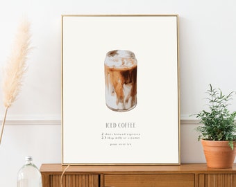 Iced Coffee Trendy Large Printable Art Digital Download, Bar Cart Decor, Cocktail Recipe