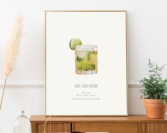 Gin and Tonic Recipe Art Print, Trendy Bar Cart Decor (Digital Download)