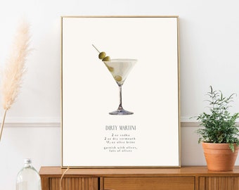Impresión artística de la receta de Dirty Martini, decoración para carrito de bar (descarga digital)