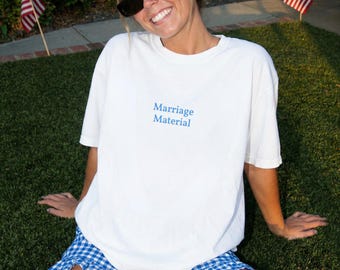 Marriage Material Embroidered T-Shirt | Bachelorette Party Shirt | Minimalist Bridal Gift | Honeymoon Outfit | Comfort Colors Chic Bride Tee