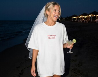 Marriage Material Embroidered T-Shirt | Bachelorette Party Shirt | Minimalist Bridal Gift | Honeymoon Outfit | Comfort Colors Chic Bride Tee