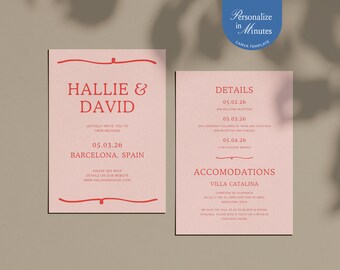 Editable Pink Wedding Invitation Template & Itinerary (Digital Download)