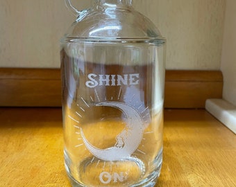 Moonshine Jug Bottle Decanter Engraved Set, 750ml Etched Glass: Shine On, Custom with Wood Lid Cork