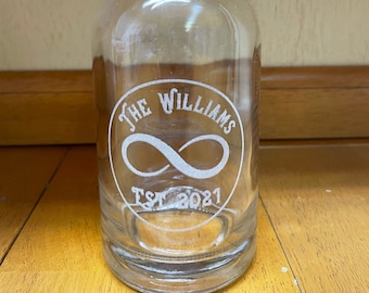Decanter Set Engraved Glass Personalized Etched Whiskey Bottle, Wedding or Anniversary Gift with Name Infinity Symbol and Est: Wood Cork Lid