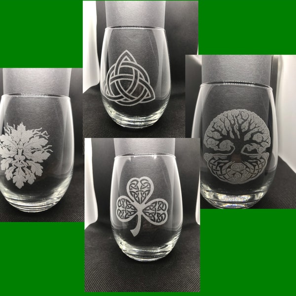 Irish Celtic Designs Engraved Glasses Set of 4 or Single Decanter, Trinity Knot, Shamrock, Tree of Life and Green Man