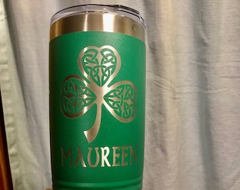 Personalized Irish Shamrock Knot Design, Celtic Symbol, Engraved Vacuum Sealed Tumbler or Stemless Wine Perfect for St Patrick's Day