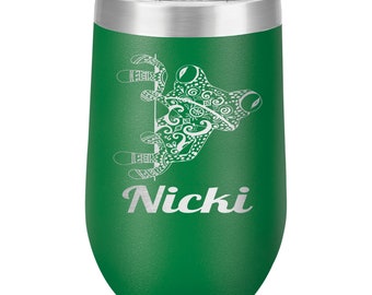 Personalized Engraved Peeping Tree Frog Mandala Zentangle Cup, Stemless Wine Tumbler or Water Bottle- Vacuum Sealed Labeled with Name