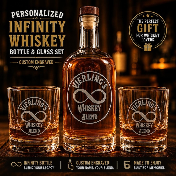 Personalized Infinity Bottle Whiskey Gift Set, Custom Bourbon Decanter & Engraved Whiskey Glasses