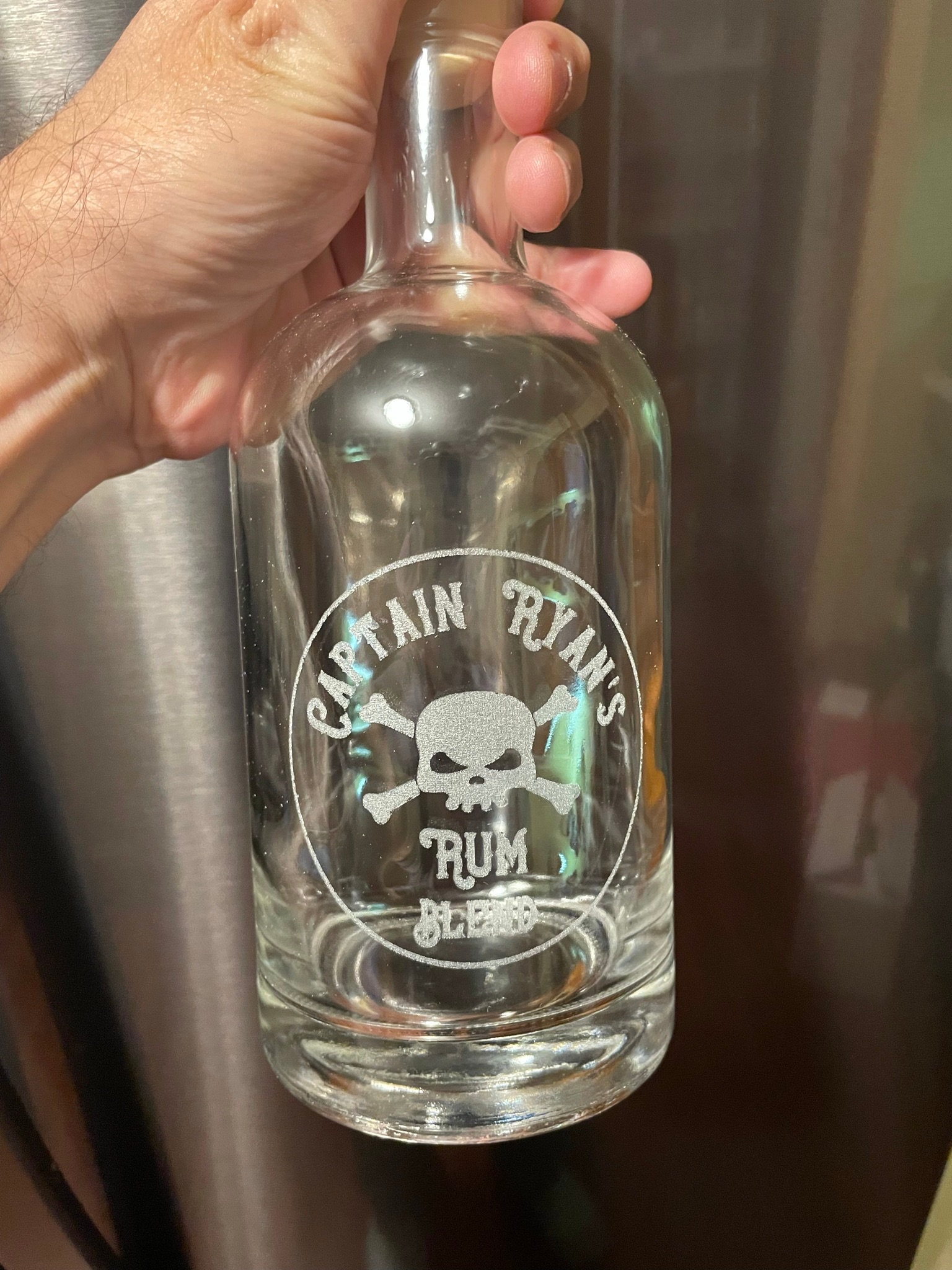 Decanter Set 750ml Etched Skull and Crossbones Pirate Engraved Bottle: Whiskey, Bourbon or Rum Bottle with Wood Top Personalization Included
