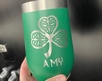 Personalized Irish Shamrock Stemless Wine Tumbler Knot Design, Celtic Symbol, Engraved Vacuum Sealed Tumbler Perfect for St Patrick's Day