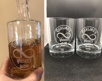 Personalized Infinity Whiskey Bottle Etched Decanter Set & Glasses, Whiskey Lover Gift, 750ml Engraved, Bourbon, Scotch or Rum Blend