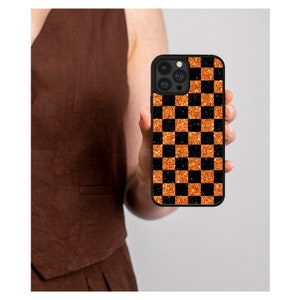 Orange and Black Glittery Checkered Board Phone Case