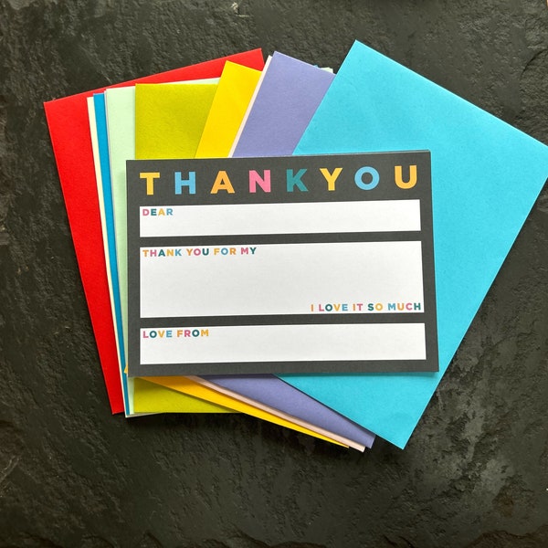 Rainbow Black Thank You Cards for children to fill out - unisex children boys girls - great for birthdays - Pack of 10 with envelopes