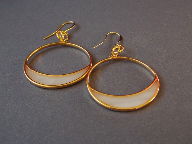 Round Earrings Boho Earrings Funky Earrings Mothers Day Gift 24k Gold Plated Hoop Earrings with White Resin