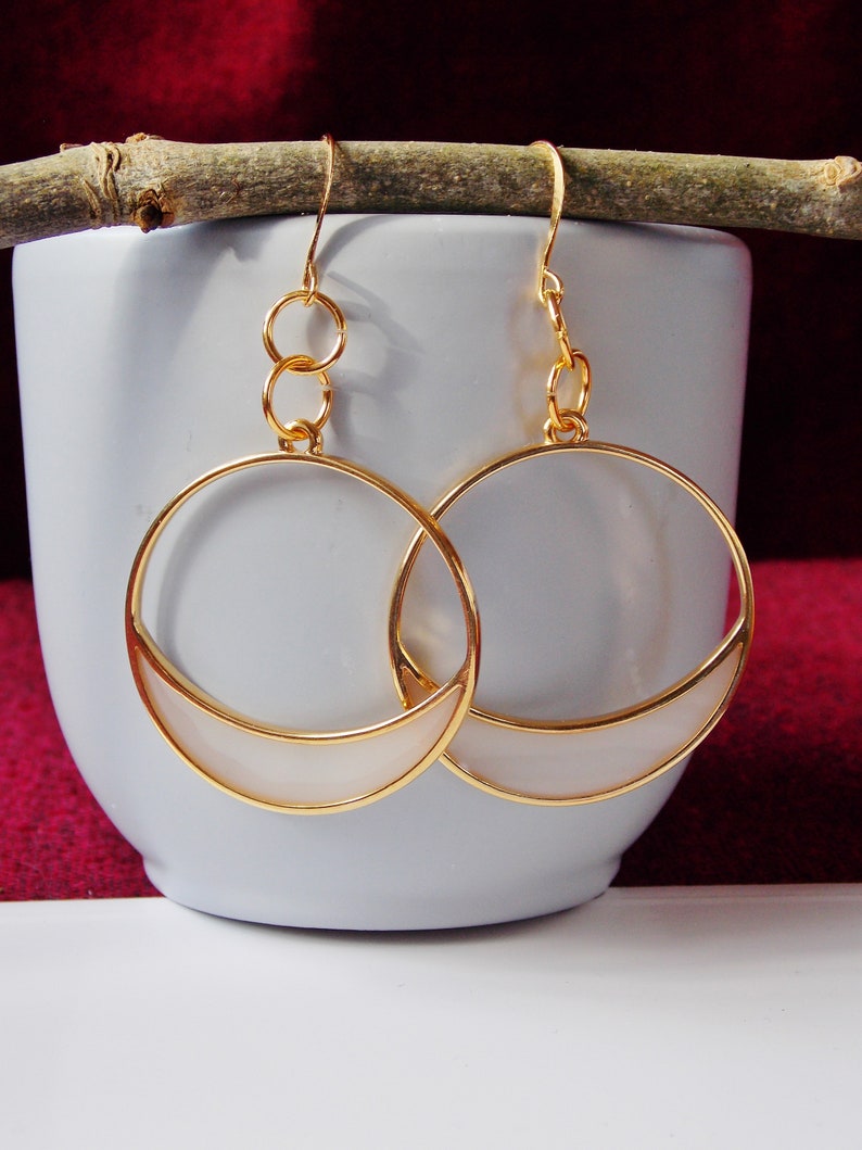 Round Earrings Boho Earrings Funky Earrings Mothers Day Gift 24k Gold Plated Hoop Earrings with White Resin
