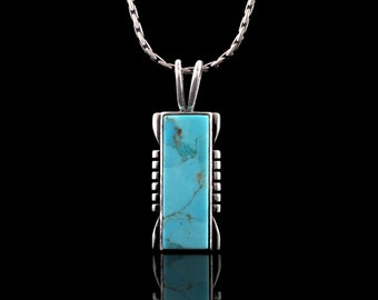 Turquoise Pendant Necklace, Sterling Silver Pendant Necklace, Turquoise Rectangle Genuine Gemstone Necklace, Kingman Southwestern Necklace