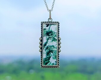 Collar con colgante de ágata musgosa de plata de ley hecho a mano: piedra preciosa verde grande