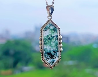 Handmade Moss Agate Pendant Necklace: Sterling Silver Statement Jewelry