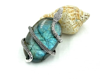 Sterling Silver Snake Pendant: Oval Labradorite Gemstone