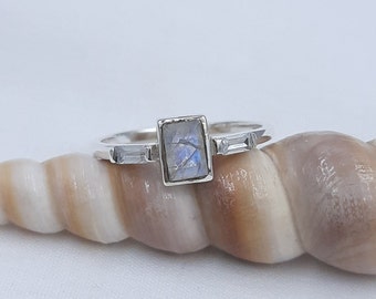 Sterling Silver Rainbow Moonstone Ring: Rectangular Stacking Band