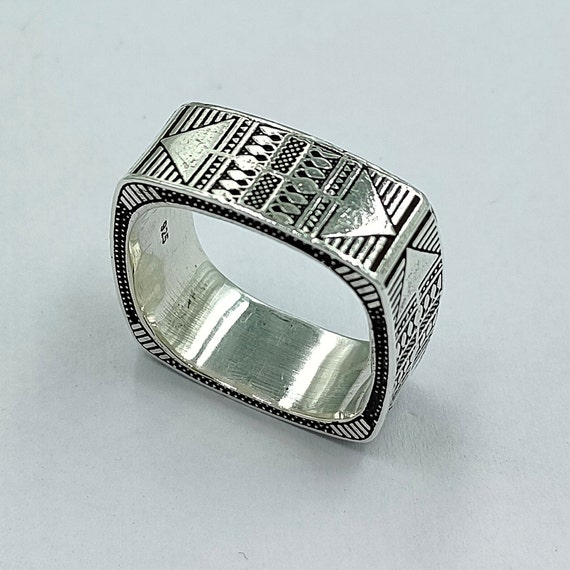 Sterling Silver Square Band Ring: Geometric Carved Design - Etsy