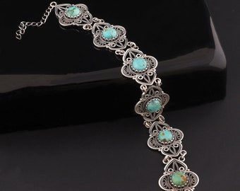 Kingman Turquoise Sterling Silver Bracelet: Vintage Style Filigree