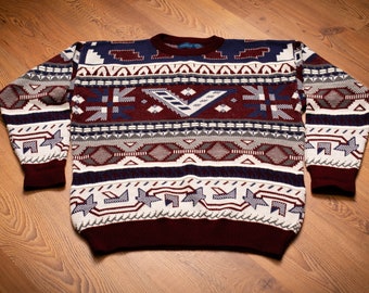 TOWNCRAFT Vintage long length multi-colored geometric gray pink sweater sz XL