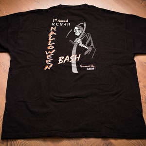 90s Adobe Rebar Halloween Bash T-Shirt, XL, Vintage Tee, Computer Software, Tech, Grim Reaper, Death