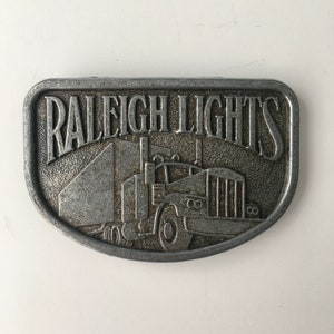 80s Raleigh Lights Cigarettes Big Rig Semi Truck Belt Buckle, 3.375&quot;, Vintage 1980s, 18 Wheeler Trucking Logistics, Trucker