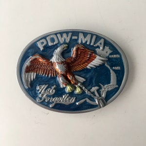 1986 POW-MIA Not Forgotten Bald Eagle Metal & Enamel Belt Buckle, 2.875", Vintage 80s, USA Military Soldier
