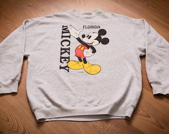 80s Mickey Mouse Florida 2-Sided Sweatshirt, M, Velva Sheen, Vintage Crewneck Shirt, Reverse Back