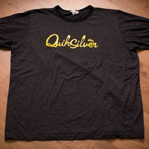 80s-90s QuikSilver Ringer T-Shirt, XL, Spell Out Script Logo, Vintage, Soft/Thin 50/50 Graphic Tee, Surf, Aloha