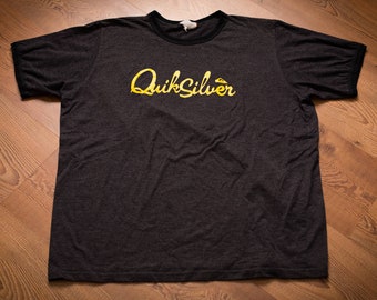 80s-90s QuikSilver Ringer T-Shirt, XL, Spell Out Script Logo, Vintage, Soft/Thin 50/50 Graphic Tee, Surf, Aloha