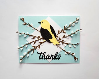 Thank you card, Thanks, Grateful, Appreciation, Bird card, Pussywillows, Friend, Handmade card, Nature card