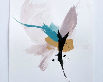 Blush, Blue and Yellow Abstract Watercolor Painting, 11x14 Unframed