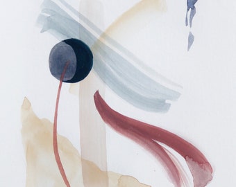 Original Abstract Watercolor Painting, Pink, Blue, Beige, 6x9"