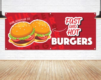 Fast & Hot Burgers Vinyl Banner: Food Vendor Sign