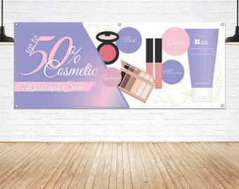 May include: A banner advertises up to 50% off on cosmetic products. The banner features a pink and purple color scheme with images of makeup products, including eyeshadow, blush, lipstick, and a tube of cream. The text "Your Brand" is visible on the cream tube.