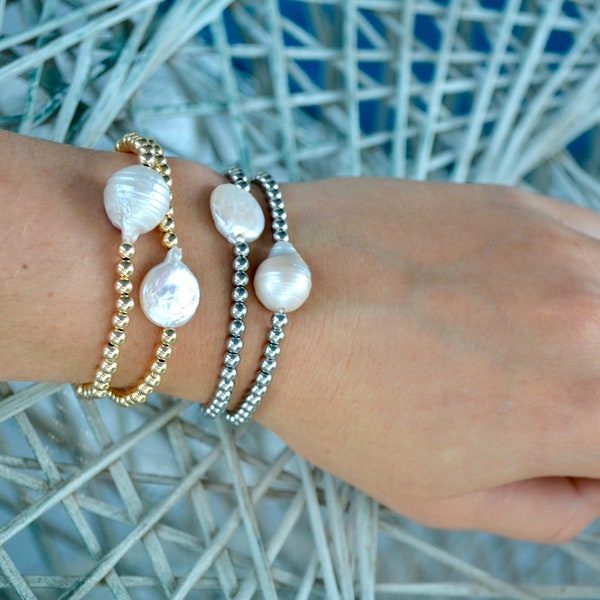 Pearl Beaded Bracelet, Gold or Silver, Freshwater Pearl Baroque or Coin Shaped, Perfect for Stacking